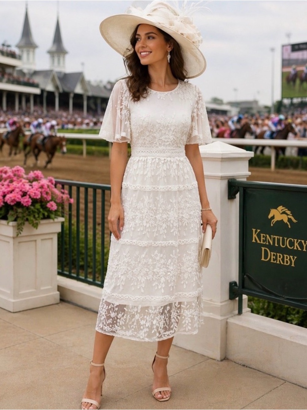 White Lace Midi Dress with Flutter Sleeves